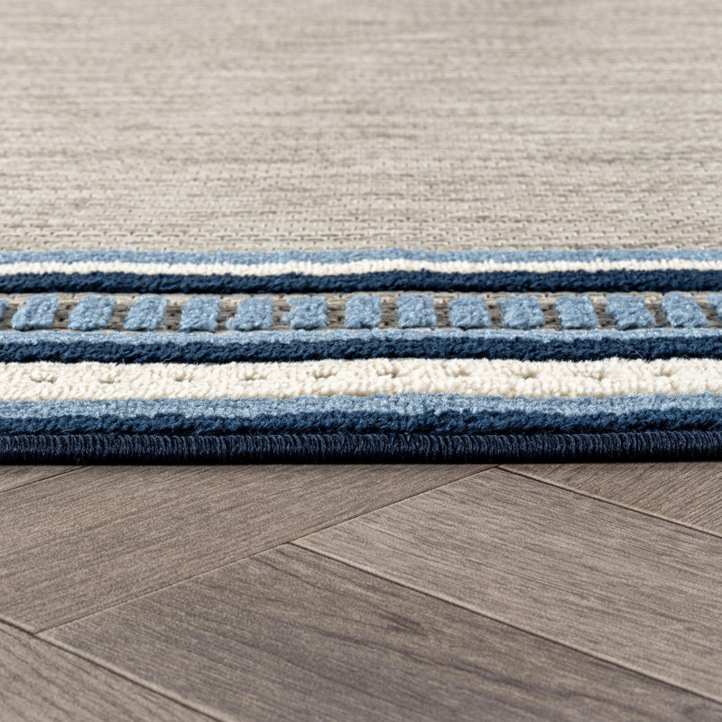 Coastal Border Ivory/Navy Indoor/Outdoor High-Low Area Rug, Navy, Rectangle 5' x 7'