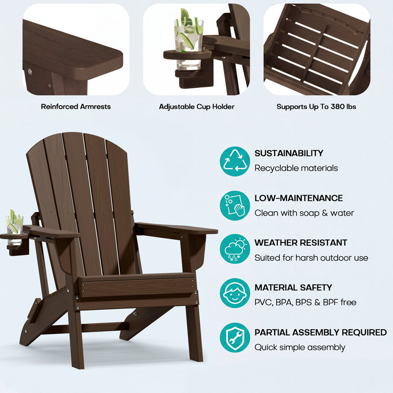 Set of 4 Folding Adirondack Chairs, Wood Texture, Cup Holder, All-Weather HDPE, Coffee