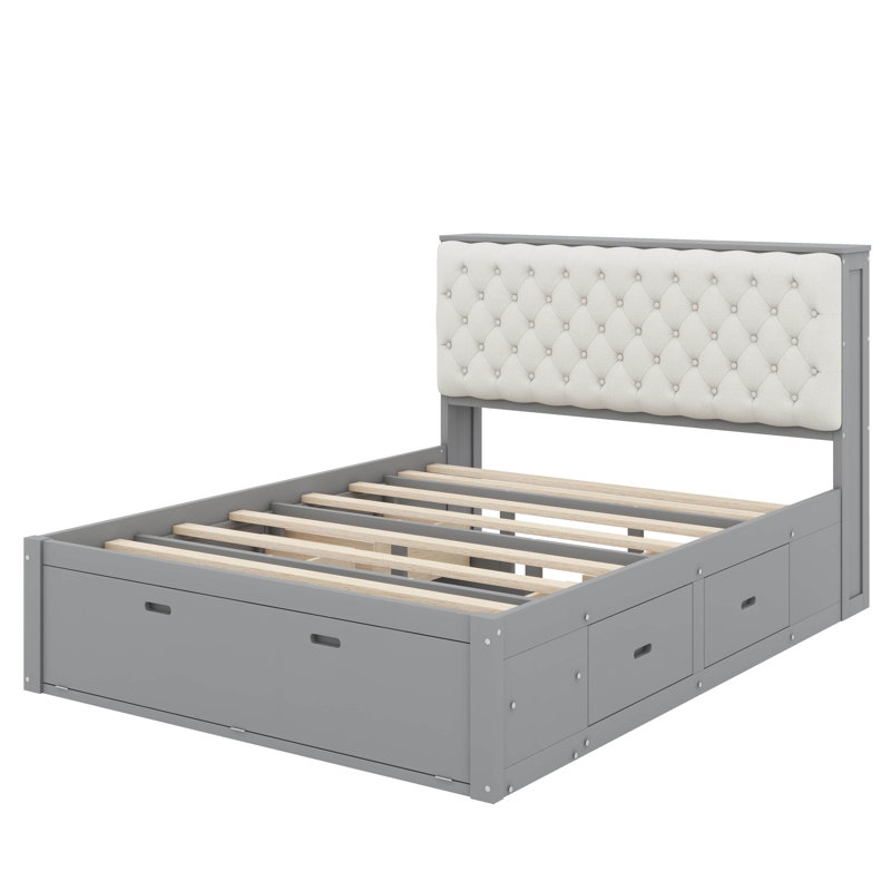 Grand lit plateforme en bois avec tête de lit, Gris