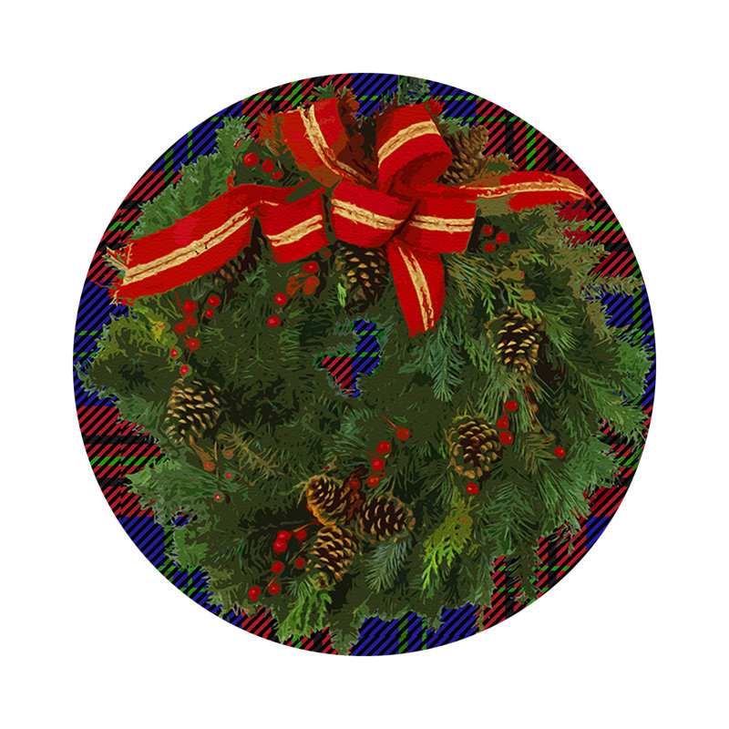 Christmas Wreath Vegan Leather Round Pebble Placemat, Tartan Blue