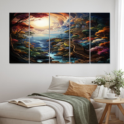 «Full Moon Magic Mythical Dreamscapes», impression sur toile de paysage abstrait - 5 panneaux égaux