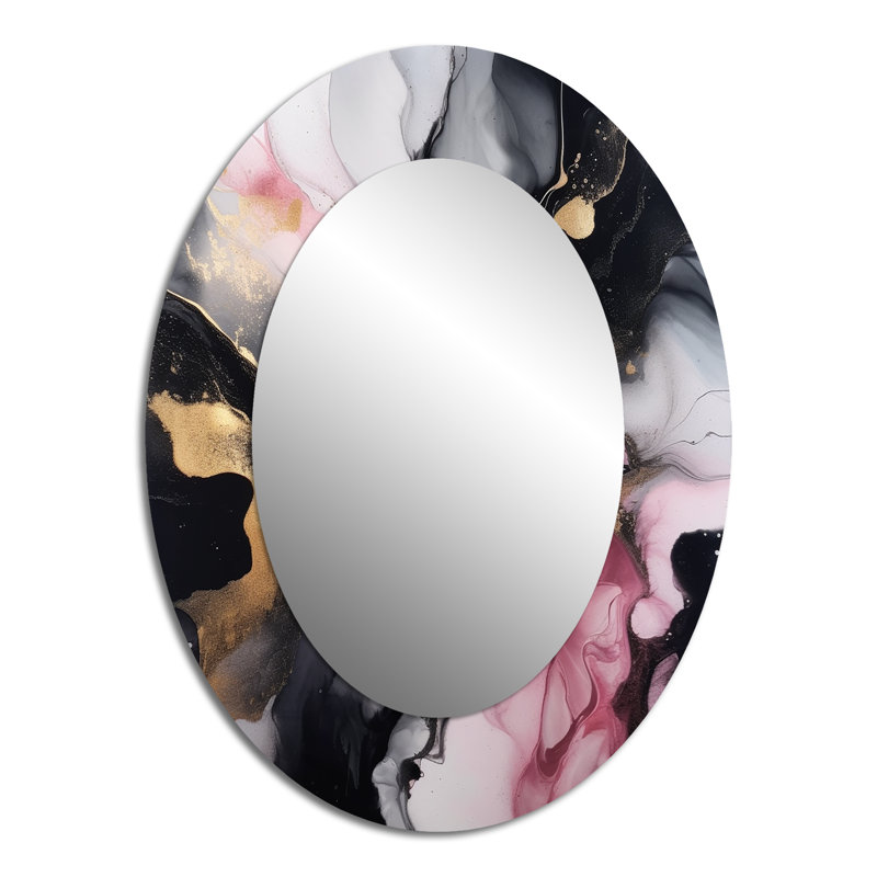 Black Gold Marble Splash II - Black Modern Oval Wall Mirror, 40" x 30"