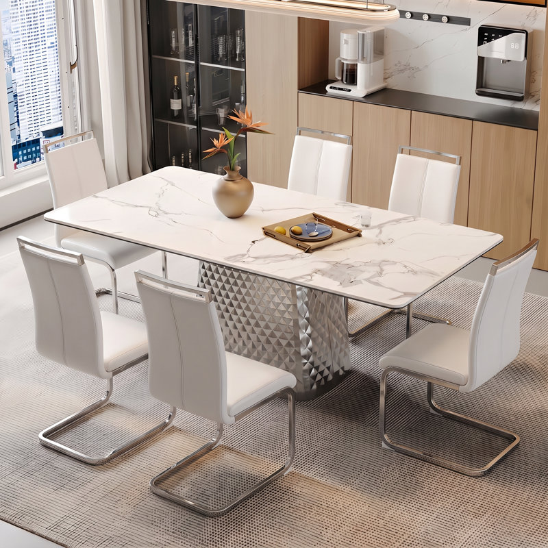 Amari Modern Faux Leather Cantilever Dining Chairs with Chrome Frame, White, Silver