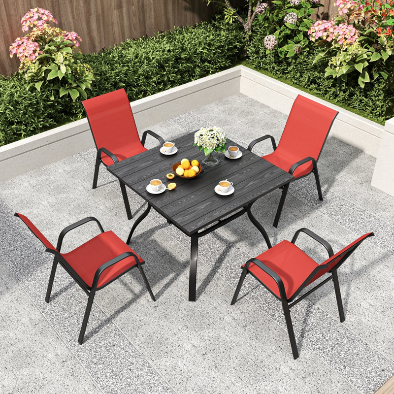 Ensemble repas d'extérieur 5 pièces 5 pièces, Coussin rouge / cadre noir