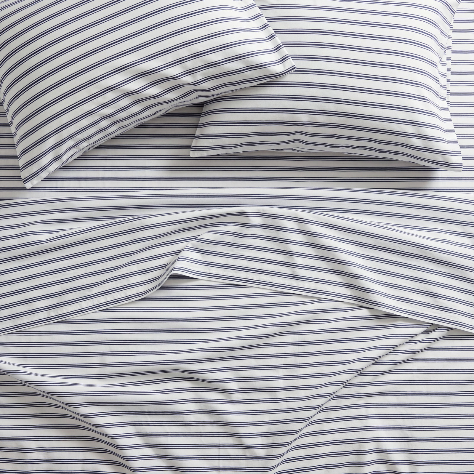 Navy French Ticking Bed Sheets, King Sheet Set with 2 Pillowcases