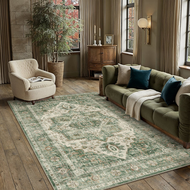 Tapis vert Artisanal avec lavable à la machine et antidérapant, Vert, Rectangle 5 pi x 7 pi