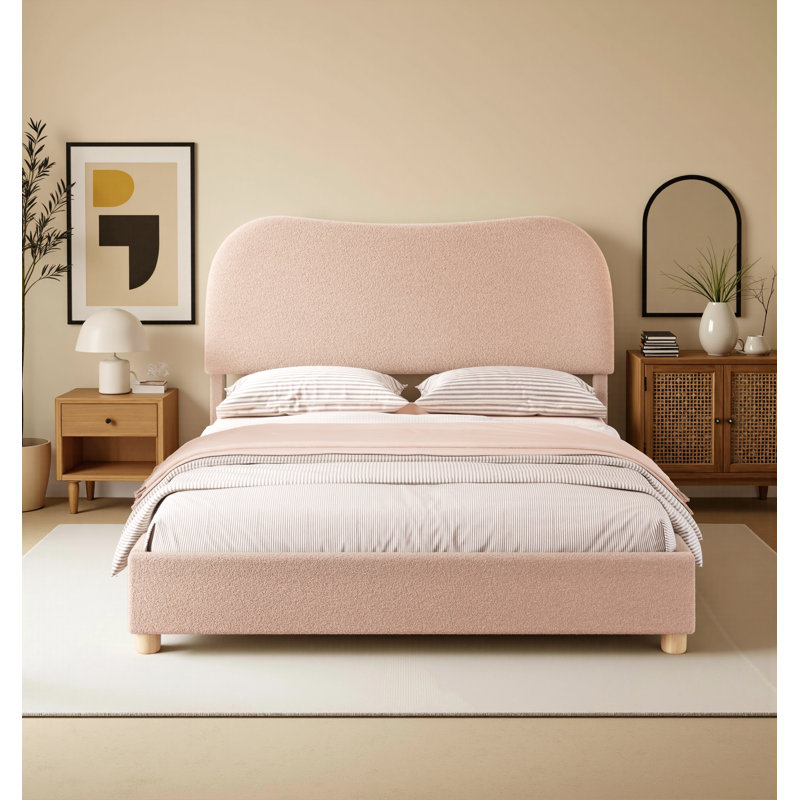 Lit plateforme tapissier Boucle avec tête de lit incurvée et coins arrondis, Double, Beige
