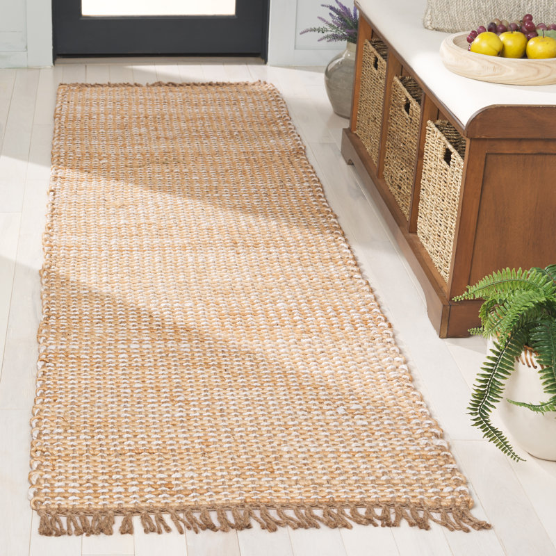Tapis de couleur unie en jute tissé à plat à la main Kiane en ivoire / brun, Tapis de couloir 2 pi 3 po x 8 pi
