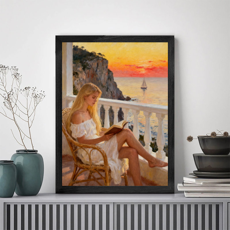 Art encadré noir, "Une femme lisant sur un balcon en bord de mer", impressions sur toile de style rétro, H 11 po x l 9 po