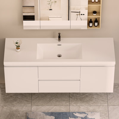 Meuble-lavabo mural 60 po avec lavabo, meuble-lavabo mural moderne 60 po avec lavabo en résine et tiroirs