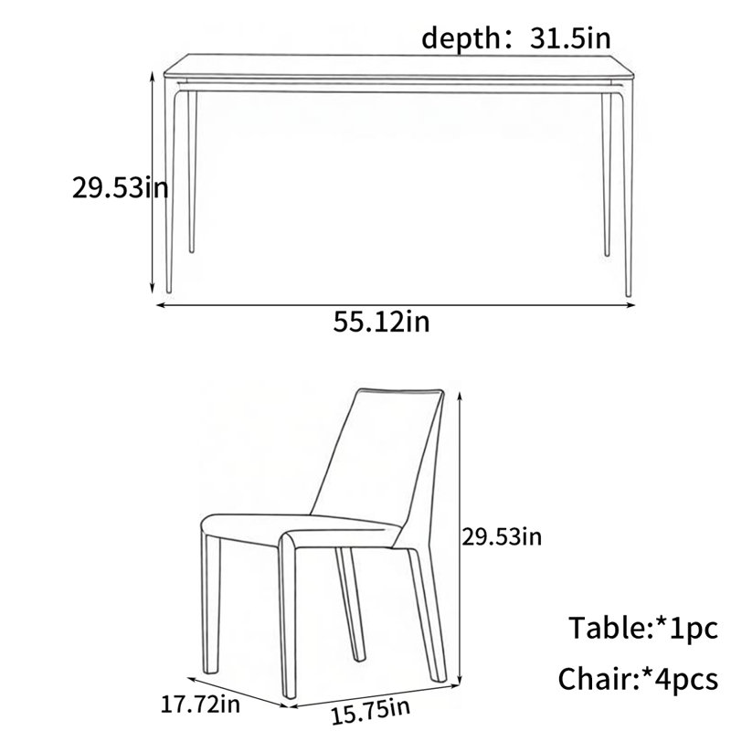 Table de salle à manger rectangulaire simple, 5 pièces: table, 4 chaises, H 29,53 po x l 55,12 po x P 31,5 po