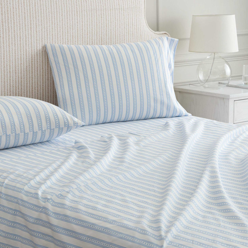 Martha Stewart Cotton Percale  Sheet Set, Twin Sheet Set with 1 Pillowcase, Francesca Stripe Blue