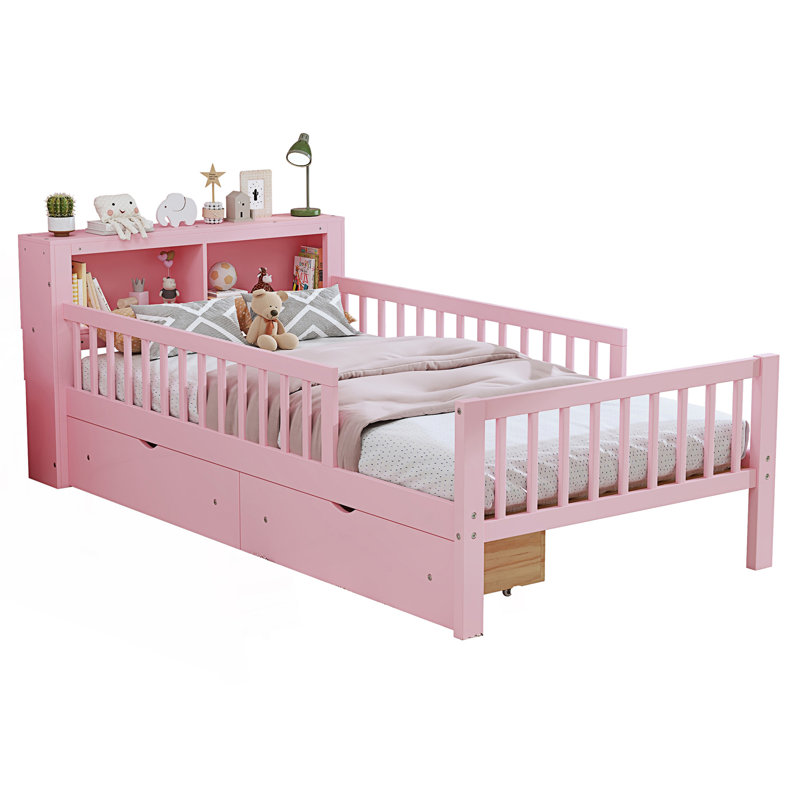 Lit simple avec support de tête de lit et deux tiroirs sous le lit, Rose