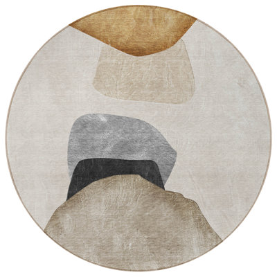 8' Round Tan Brown and Gray Round Abstract Washable Non Skid Indoor Outdoor Area Rug