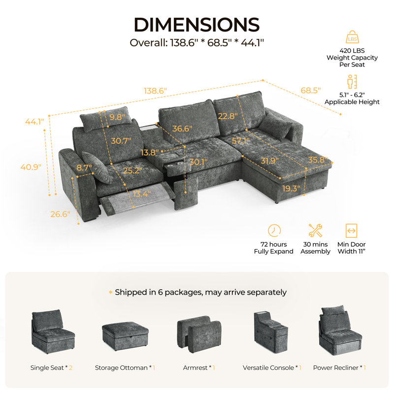 4-seater Chenille Oversized Power Recliner Sofa With Headrest, Modular Cloud Sectional Couch With Convertible Table, Charging, Drawer, Cup Holder, With Storage Ottoman