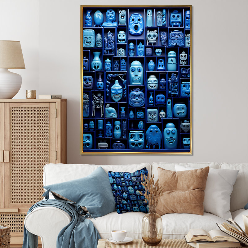 «Blue Mask Moroccan Tiles», art mural abstrait, Cadre flottant doré, H 40 po x l 30 po x P 1,5 po
