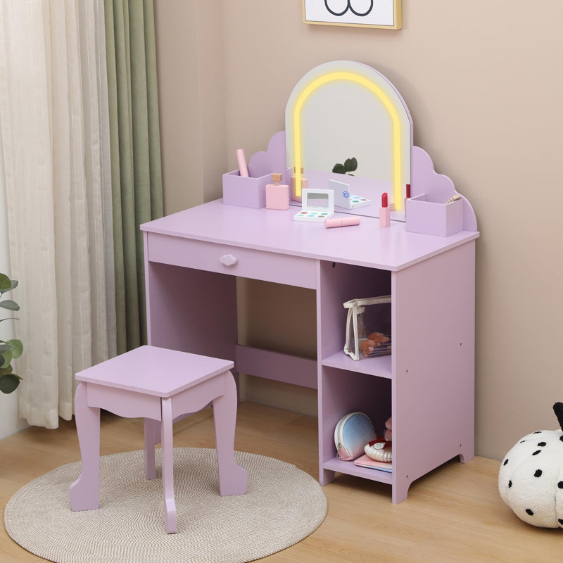 Girls Vanity Set with Mirror & Stool, Kids Makeup Table for Ages 3-9, 3 LED Light Modes, Drawer & Shelves, Durable MDF