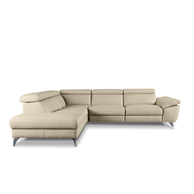 Olligs Genuine Leather Reclining Corner Sofa with Adjustable Headrests and Adjustable Armrest, Cream Genuine Leather