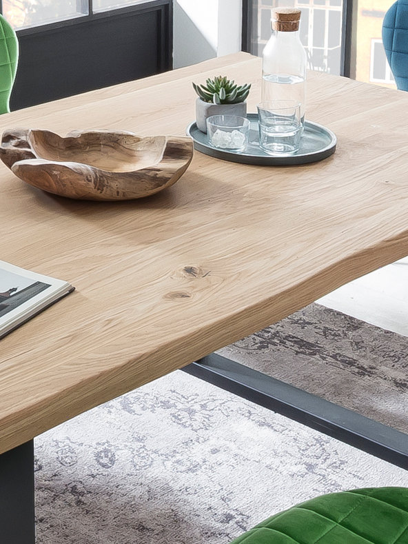 Elara Oak Solid Wood Top Metal Base Dining Table, Silver