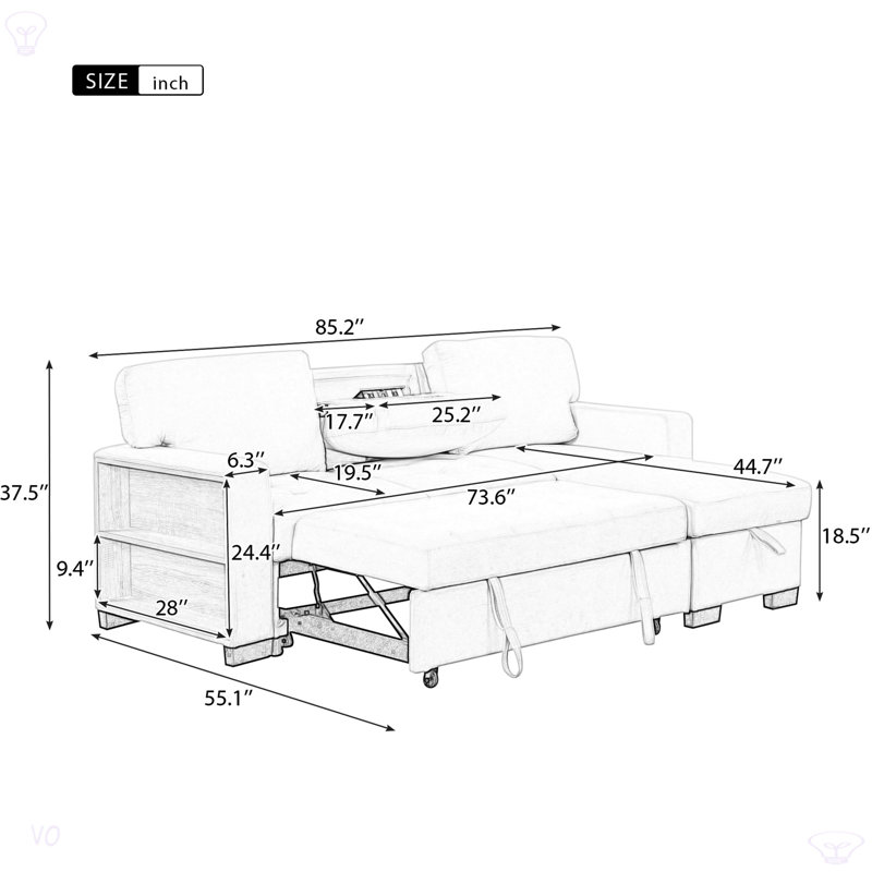 Stylish And Functional Light Chaise Lounge Sectional With Storage Rack Pull-Out Bed Drop Down Table  And USB Charger