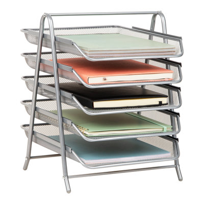 5-Tier Paper Tray Organizer, Vertical Desktop File Storage Rack, Office, Metal Mesh, Silver
