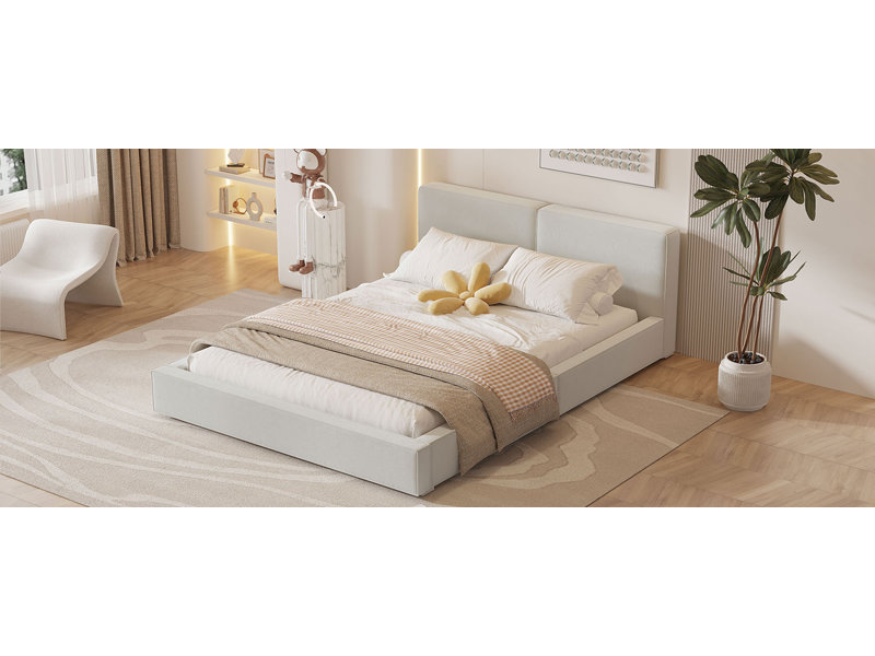 Grand lit plateforme tapissier avec tissu en velours, lit au sol avec cadre uni, beige