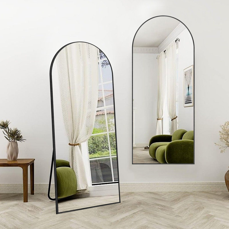 Miroir arqué pleine longueur avec support, miroir de corps entier en alliage d'aluminium, 65 po x 22 po, Noir