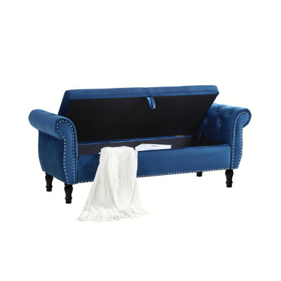 Aijia 63" Velvet Multifunctional Storage Bench Rectangular Sofa Stool Buttons Tufted Nailhead Trimmed Ottoman Solid Wood Legs with 1 Pillow,Blue