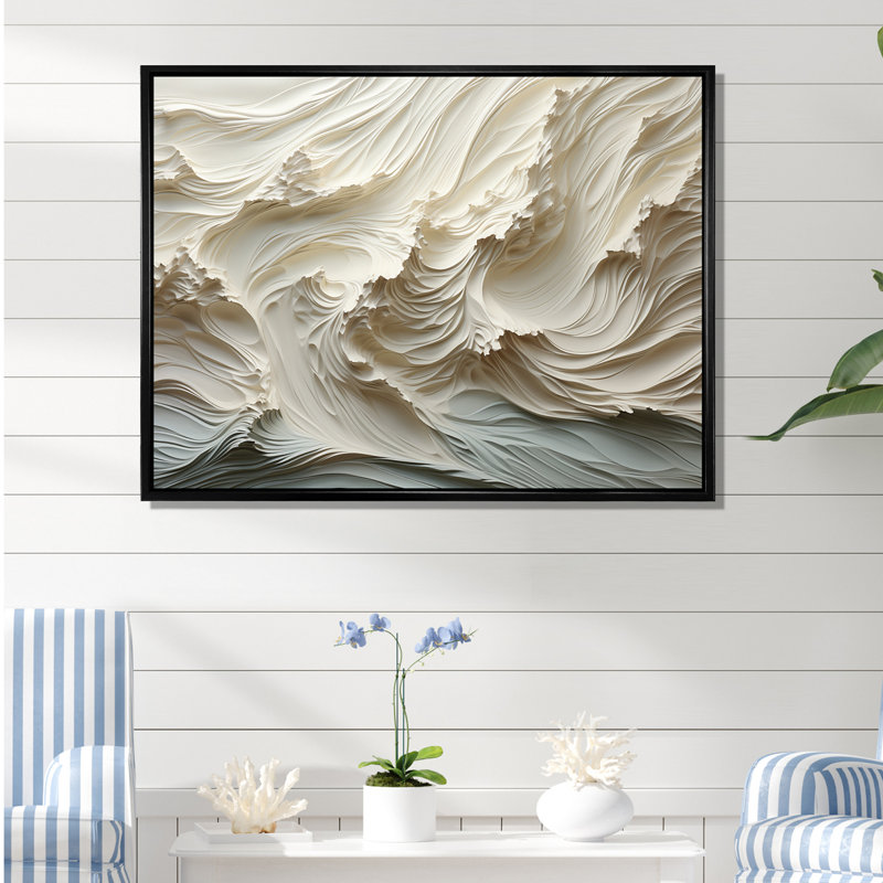 «White and Blue Wave Papercut Style II» - art mural vagues côtières, Cadre flottant noir, H 12 po x l 20 po x P 1 po