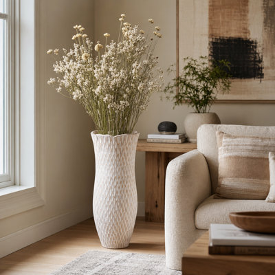 Textured Patterned Terracotta Pottery Flower Vase For Home Decor - Aristic Tall Table Vase For Living Room Or Shelf Accent Styling - Ivory & White
