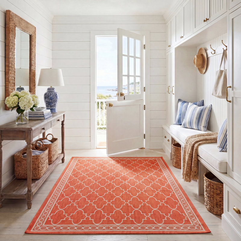 Tapis intérieur / extérieur à motif géométrique rouille / sable Carolino, Rectangle 4 pi x 5 pi 7 po