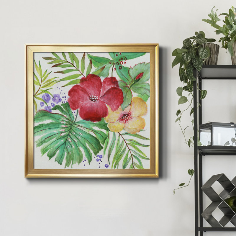 Fleurs tropicales - Peinture sur toile encadrée, H 32 po x l 32 po x P 1 po, Toile encadrée dorée
