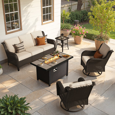 Tommy 5- Person Outdoor Wicker Patio Sofa Seating Group With Swivel Rocking Chairs And Fire Pit Table