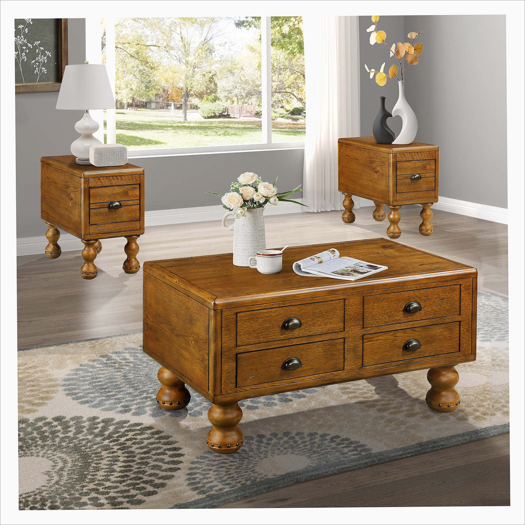 Canora Grey Rectangle Living Room Coffee Table Set, 3-Piece Solid Wood ...