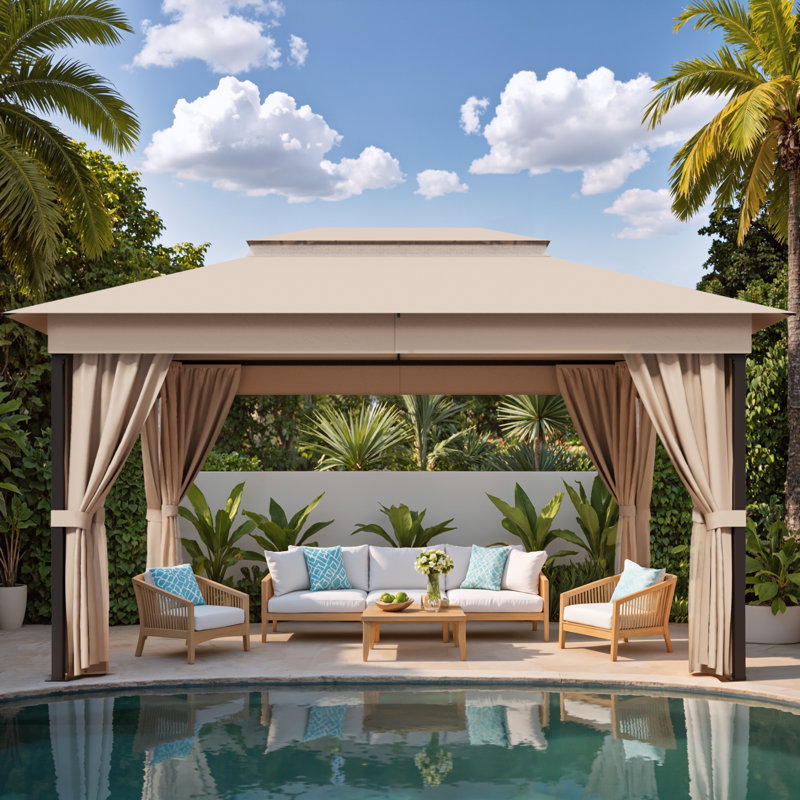 13 Ft. W x 10 Ft. D Soft Top Steel Patio Gazebo with 2-Tier Canopy and Zippered Mesh Netting for Outdoor, Patio, Garden, and Backyard Activities