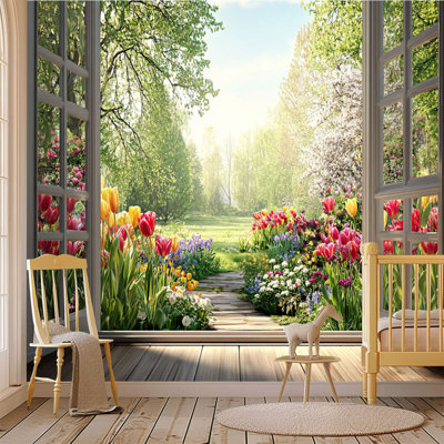 Papier peint adhésif peler et coller, vue sur le jardin, portes françaises ouvertes, tulipes colorées, arbres en fleurs, art mural auto-adhésif et amovible