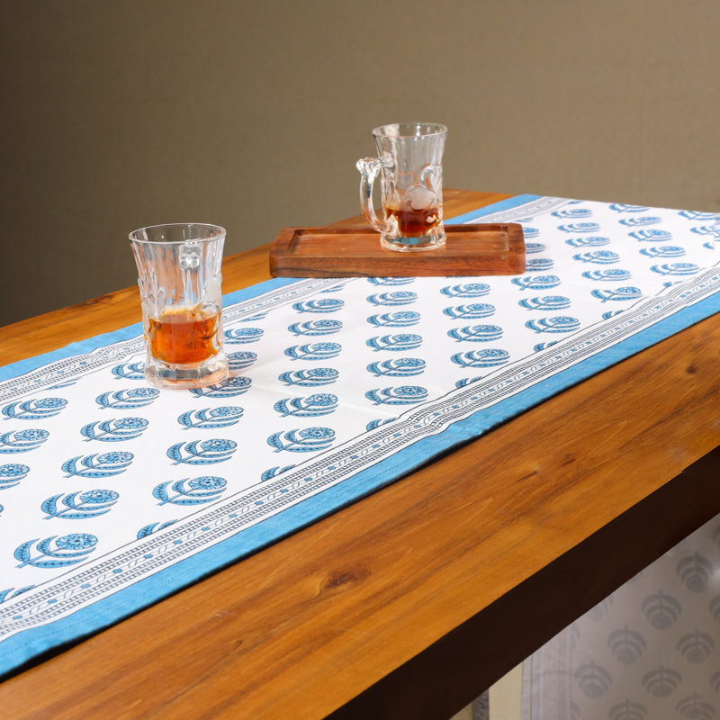 Blue Blooms Block Print Cotton Table Runner, Blue