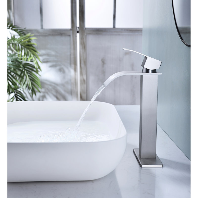 Robinet pour salle de bain à poignée simple de style cascade, bonde escamotable sans trop-plein, finition en nickel brossé, acier inoxydable, surface rouillée, écoulement stable, pour évier sans trop-plein avec drain, sans trop-plein,