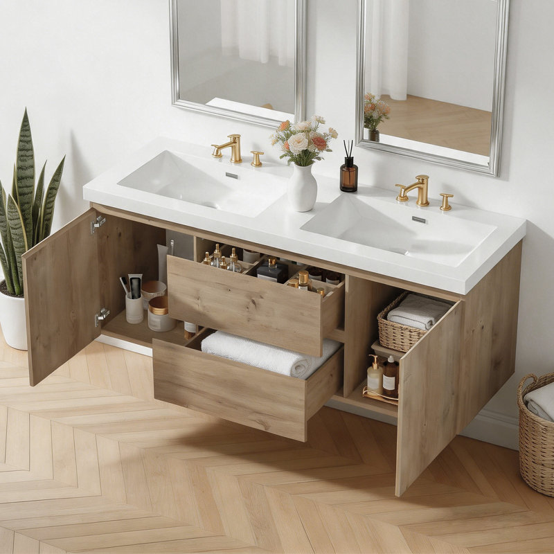Ensemble de meuble-lavabo mural moderne 59,3 po avec lavabos et rangement intégrés 59,3 po