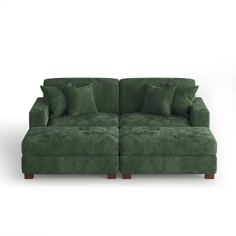 4 - Piece Upholstered Green Chenille Modular Sectional Sofa with Throw Pillows & Removable Ottomans, Green Chenille
