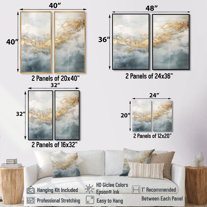 Beige bleu or océan tempête V - impressions sur toile dorées, Impression encadrée flottante, H 36 po x l 48 po, Doré