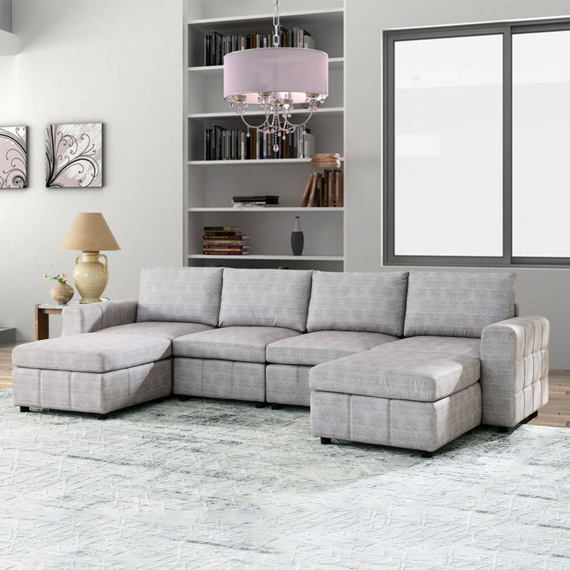 Upholstered U-Shaped Sectional with Ottoman Reversible, Light Gray Polyester Blend