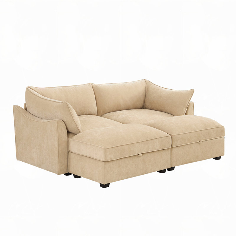 2-Seater Sofa With 2 Footstools and Pull Out Storage Drawer, 2, Wheat