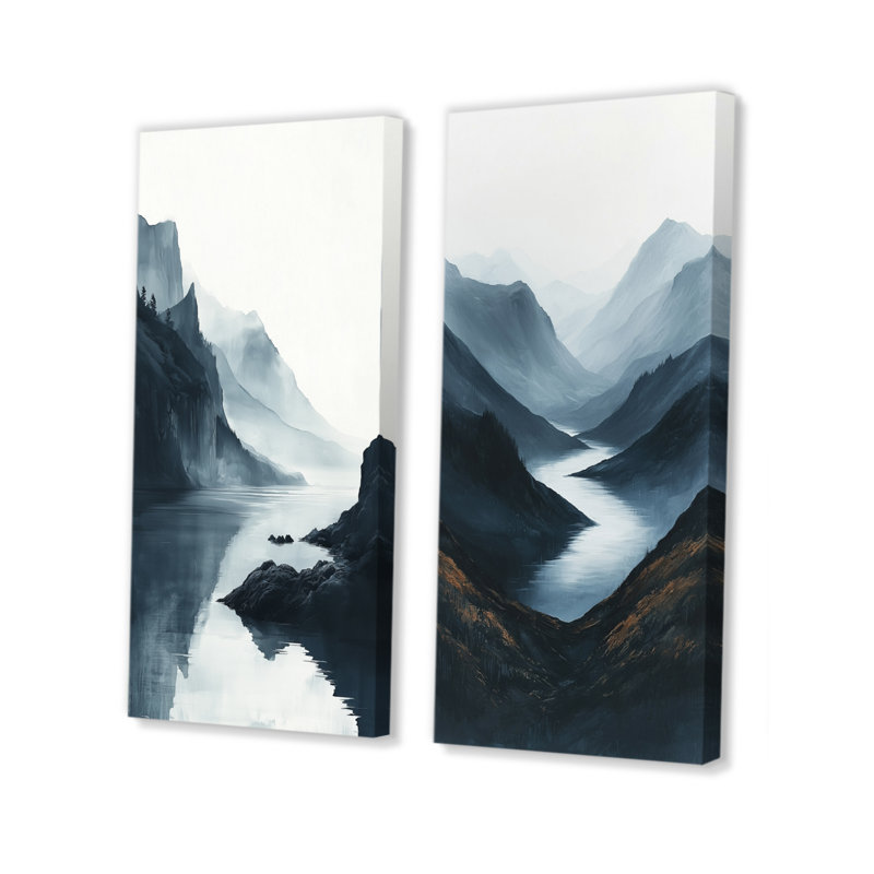 «Winter Lake Side Valley of Tranquility I», collection d'art mural 2 pièces, H 28 po x l 25 po, Toile tendue