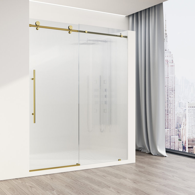 Porte de douche coulissante sans cadre avec verre cannelé 3/8 po Elan E 56 po x l 76 po, Or, Gauche