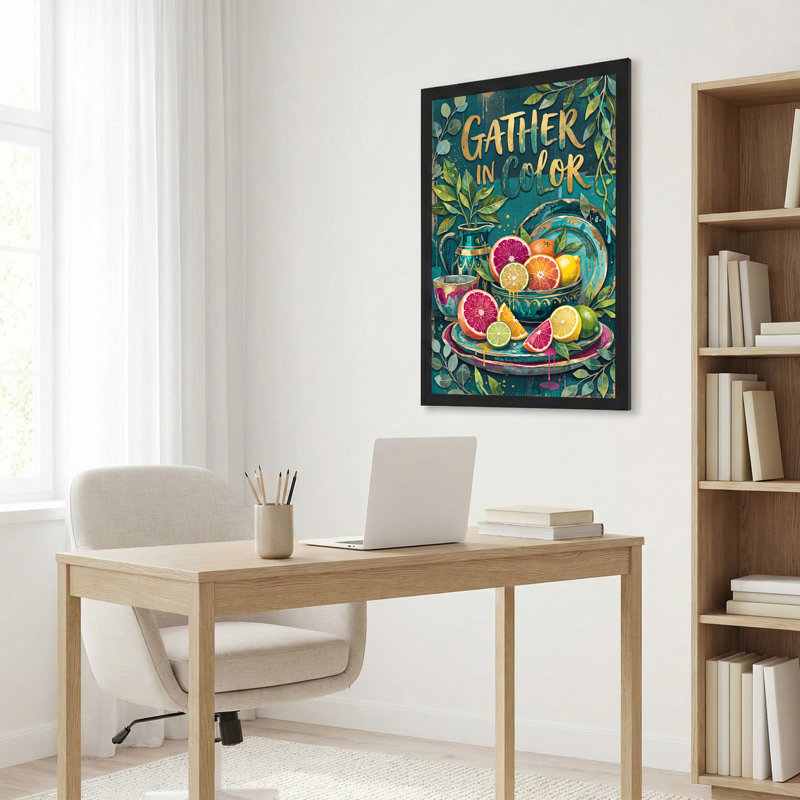 Art mural sur toile fond de tranches d'agrumes et de texte doré sur fond sarcelle, 24"H x 16"W