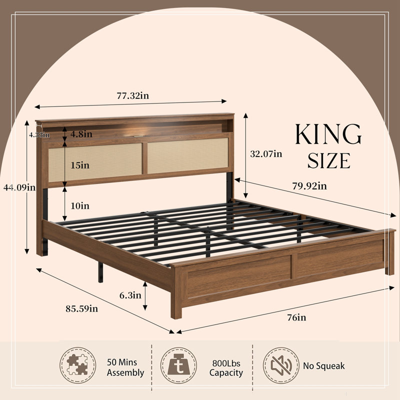 Cadre de lit King Size avec tête de lit en rotin et lampe de lecture DEL intégrée, Très grand lit