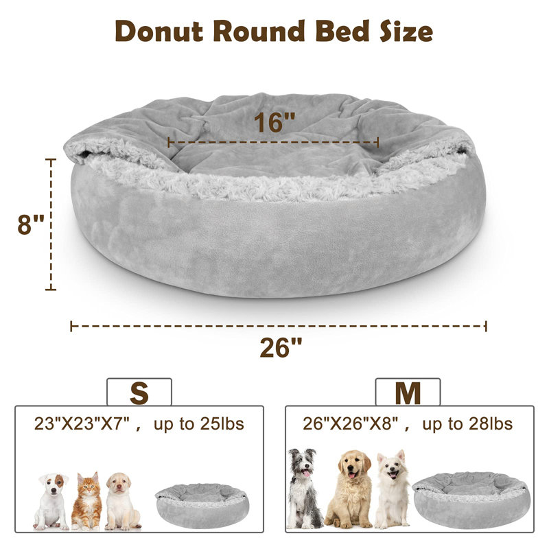 Lit pour chien pour chien de petite taille, avec couverture attachée, lit rond anti-angoisse pour chien Donut, Gris