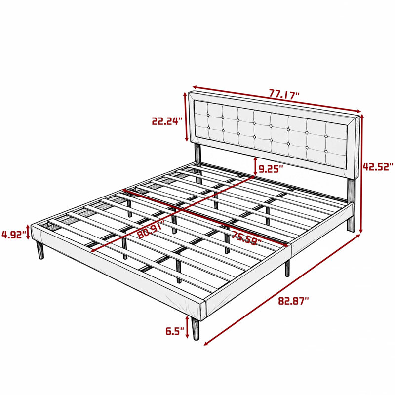 Structure de lit plateforme tapissier avec support en lattes de bois, King, Pink