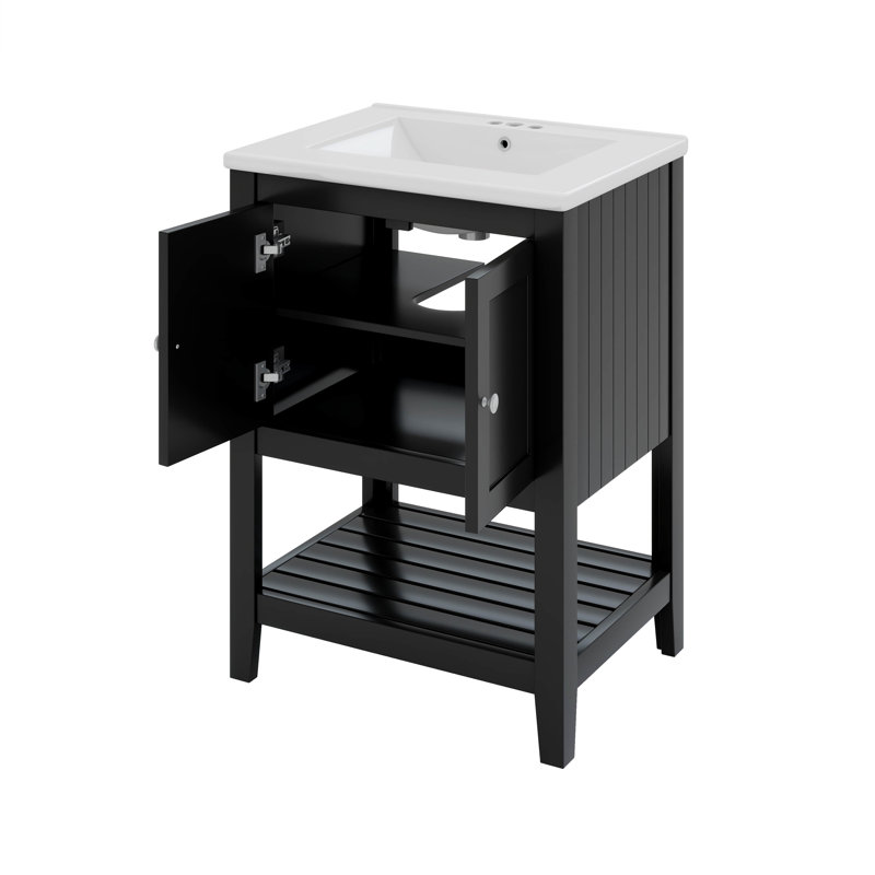 Armoire de meuble-lavabo simple 24 po avec portes et tablette ouverte 24 po, Noir